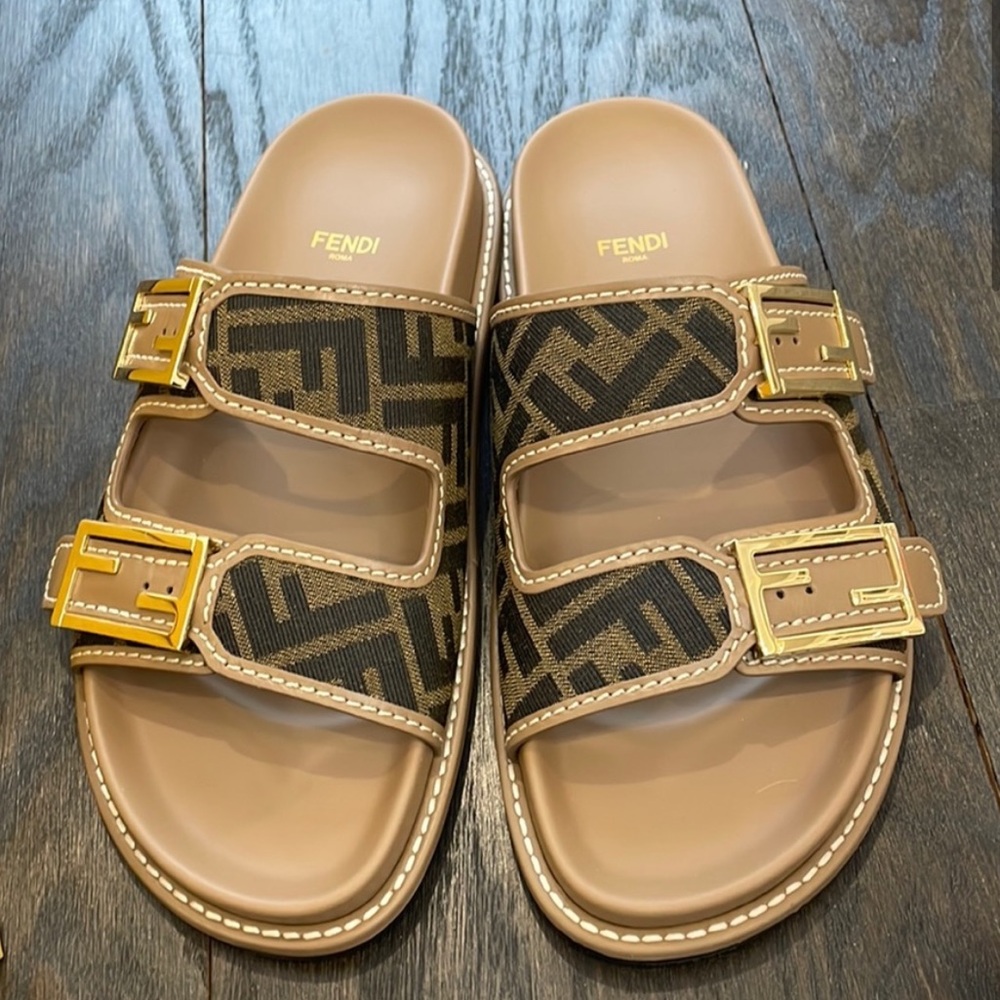 Rare! Fendi FF Jacquard Dual Buckle Slide Sandals- tts